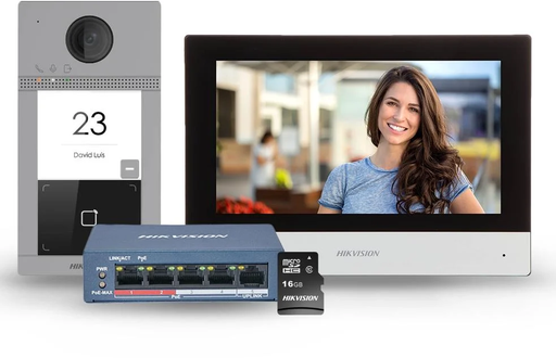 [DS-KIS604-S(C)] Kit interphone vidéo IP-PoE Hikvision DS-KIS604-S(C) avec 1 bouton d'appel, montage en surface, boîtier aluminium - Moniteur tactile Wi-Fi 7 pouces